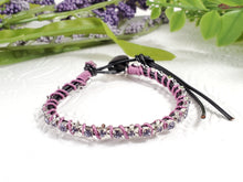 Load image into Gallery viewer, Bloom - Lilacs- Black leather wrap bracelet with purple accents
