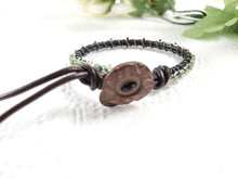 Load image into Gallery viewer, Bloom - Spring - Brown leather wrap bracelet with green accents
