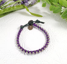 Load image into Gallery viewer, Bloom - Morning glory - Green leather wrap bracelet with purple accents
