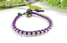 Load image into Gallery viewer, Bloom - Morning glory - Green leather wrap bracelet with purple accents
