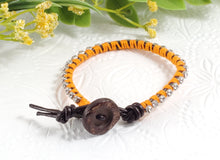 Load image into Gallery viewer, Bloom - Orange Zinnia - Green Bloom - Brown Leather wrap bracelet with  orange accents
