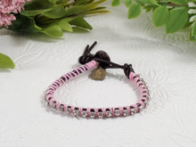 Load image into Gallery viewer, Bloom - Pink Roses - Green Bloom - Brown Leather wrap bracelet with pink accents
