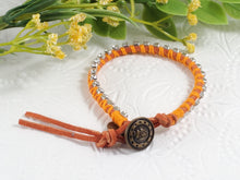 Load image into Gallery viewer, Bloom - Freesias - Green Bloom - Orange leather wrap bracelet with orange accents
