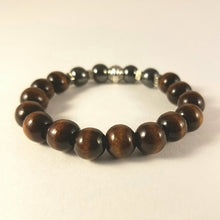 Load image into Gallery viewer, Dark Brown Wood and Hematite Bracelet with silver accents
