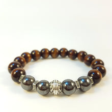 Load image into Gallery viewer, Dark Brown Wood and Hematite Bracelet with silver accents
