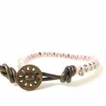 Load image into Gallery viewer, Bloom - Pink Roses - Green Bloom - Brown Leather wrap bracelet with pink accents
