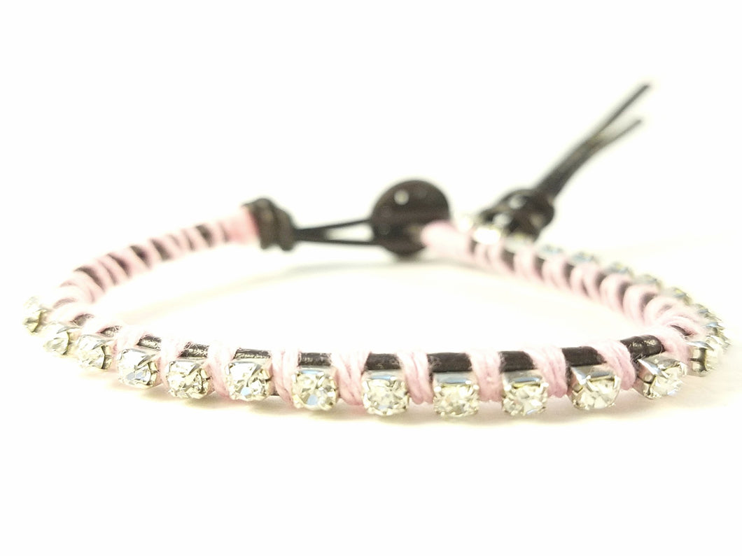 Bloom - Pink Roses - Green Bloom - Brown Leather wrap bracelet with pink accents