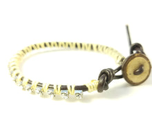 Load image into Gallery viewer, Bloom - Cream orchid - Brown Leather wrap bracelet with Cream accents.
