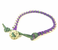 Load image into Gallery viewer, Bloom - Morning glory - Green leather wrap bracelet with purple accents
