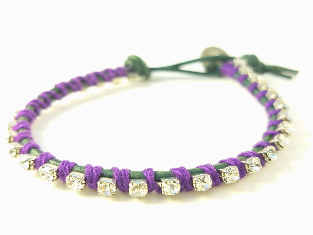 Bloom - Morning glory - Green leather wrap bracelet with purple accents