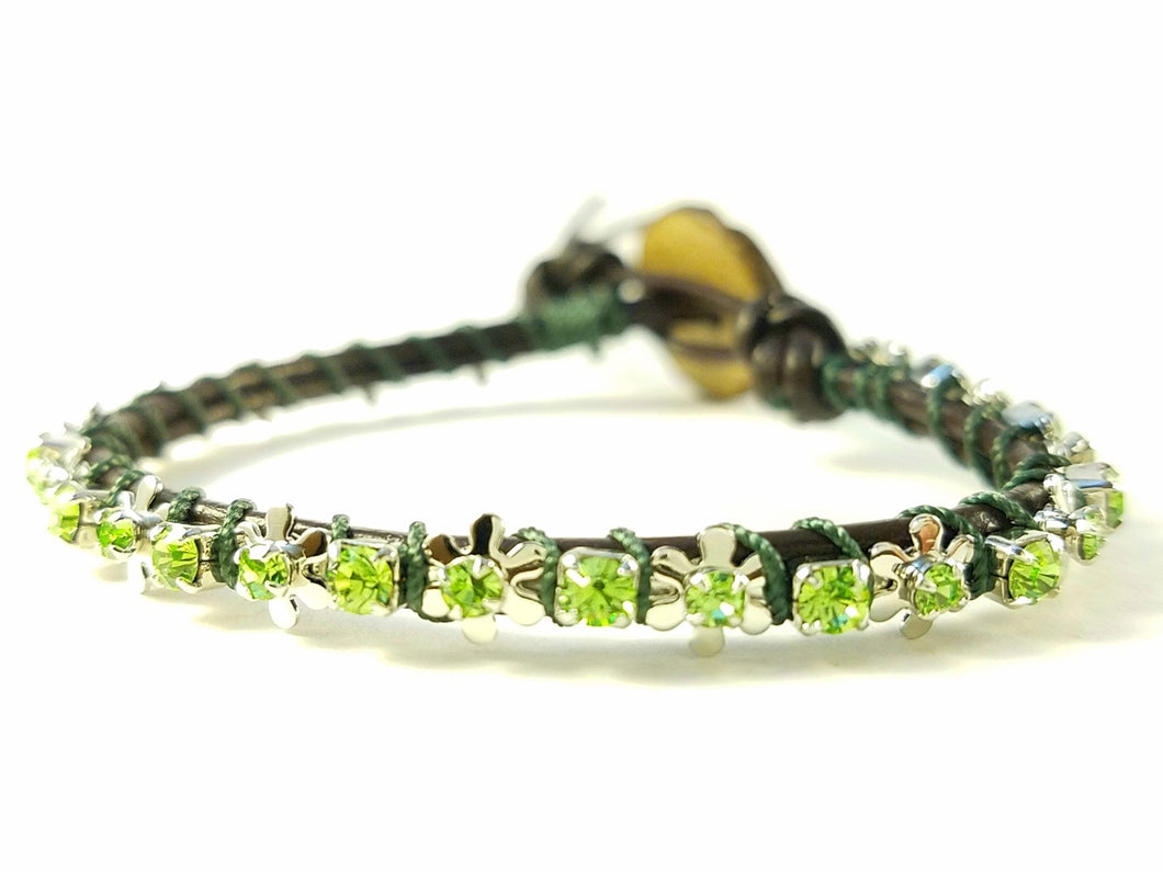 Bloom - Spring - Brown leather wrap bracelet with green accents