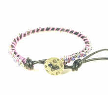 Load image into Gallery viewer, Bloom - Lilacs- Black leather wrap bracelet with purple accents
