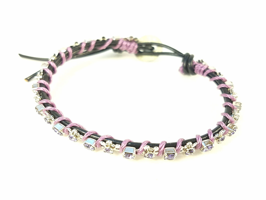 Bloom - Lilacs- Black leather wrap bracelet with purple accents