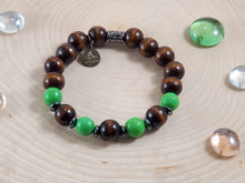 Load image into Gallery viewer, Dark Brown Wood and Green Beaded Bracelet
