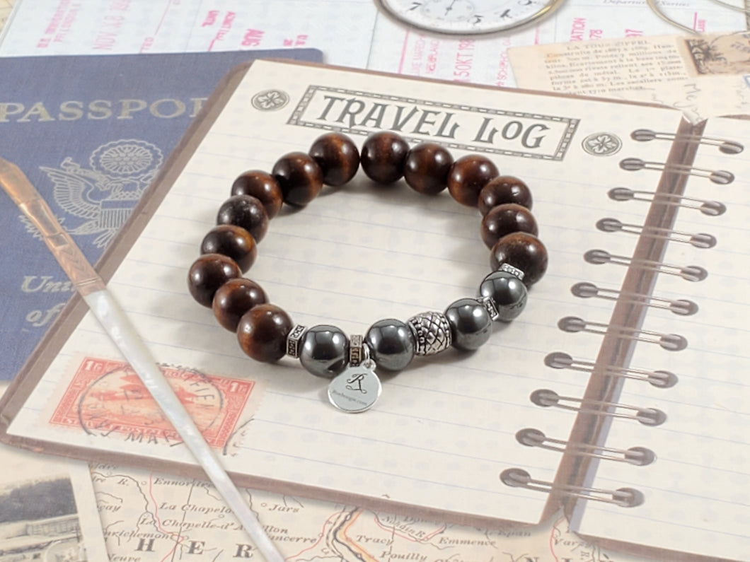 Dark Brown Wood and Hematite Bracelet with silver accents