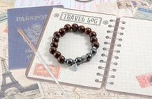 Load image into Gallery viewer, Dark Brown Wood and Hematite Bracelet with silver accents
